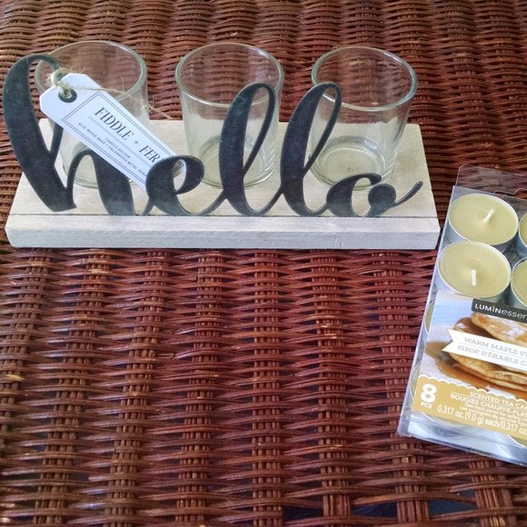Fiddle & Fern Other - Metal & Wood "Hello" Tea Light Holder Votives